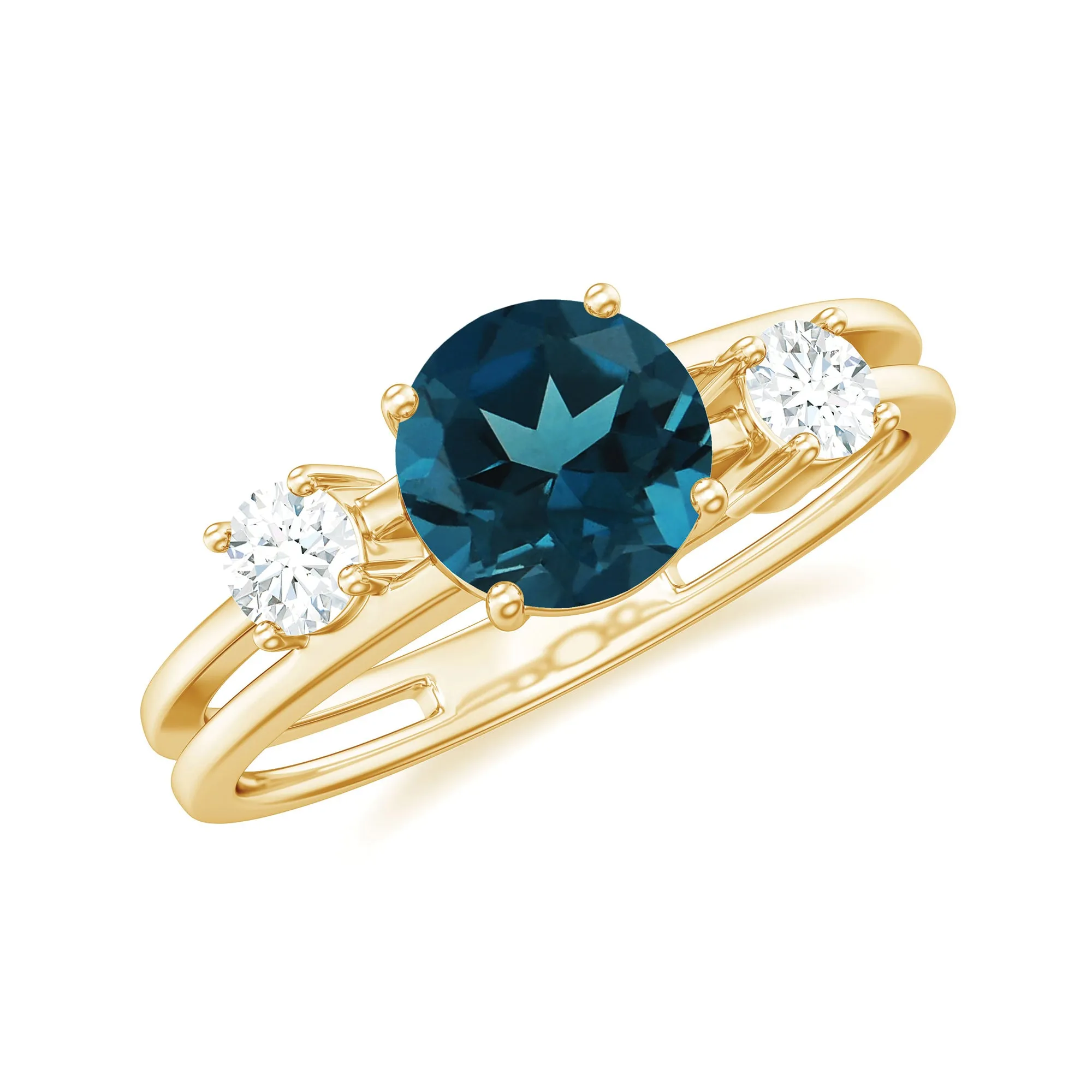 1 CT London Blue Topaz Solitaire Double Band Ring with Diamond