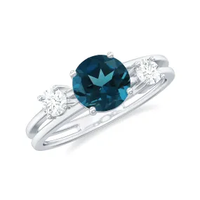 1 CT London Blue Topaz Solitaire Double Band Ring with Diamond