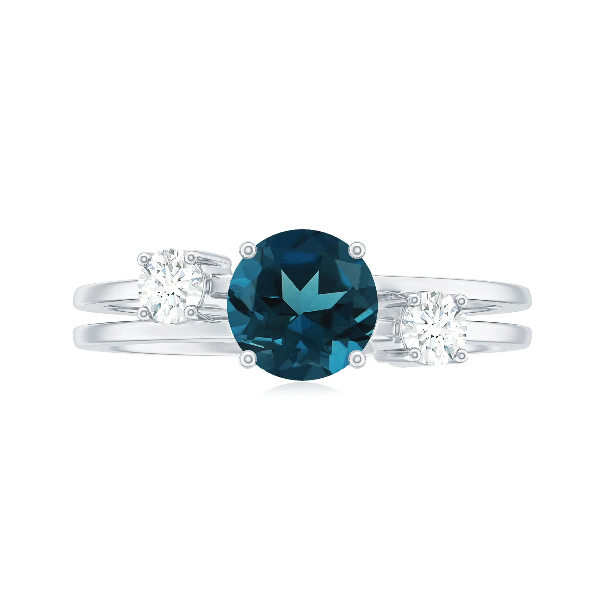 1 CT London Blue Topaz Solitaire Double Band Ring with Diamond