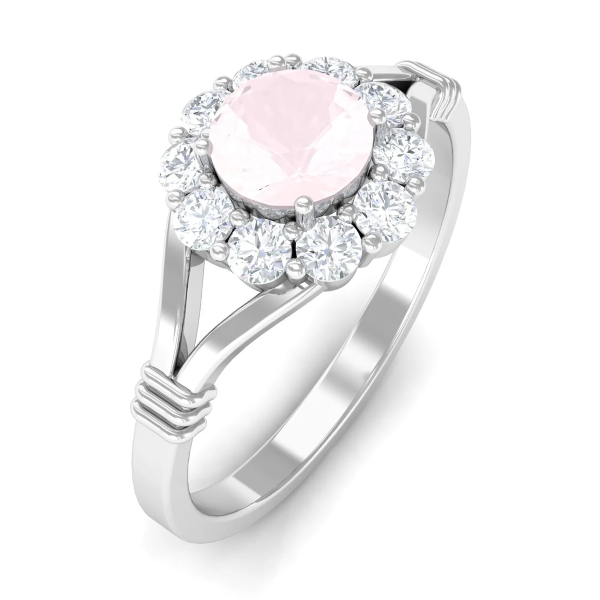 1 CT Rose Quartz Flower Engagement Ring with Diamond Halo in Split Shank