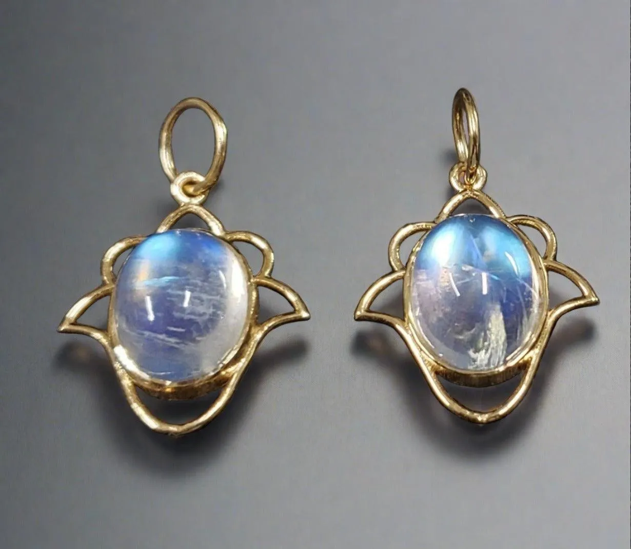 14k Gold Lotus Rainbow Moonstone Pendant