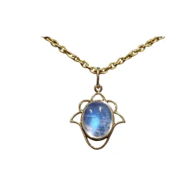 14k Gold Lotus Rainbow Moonstone Pendant