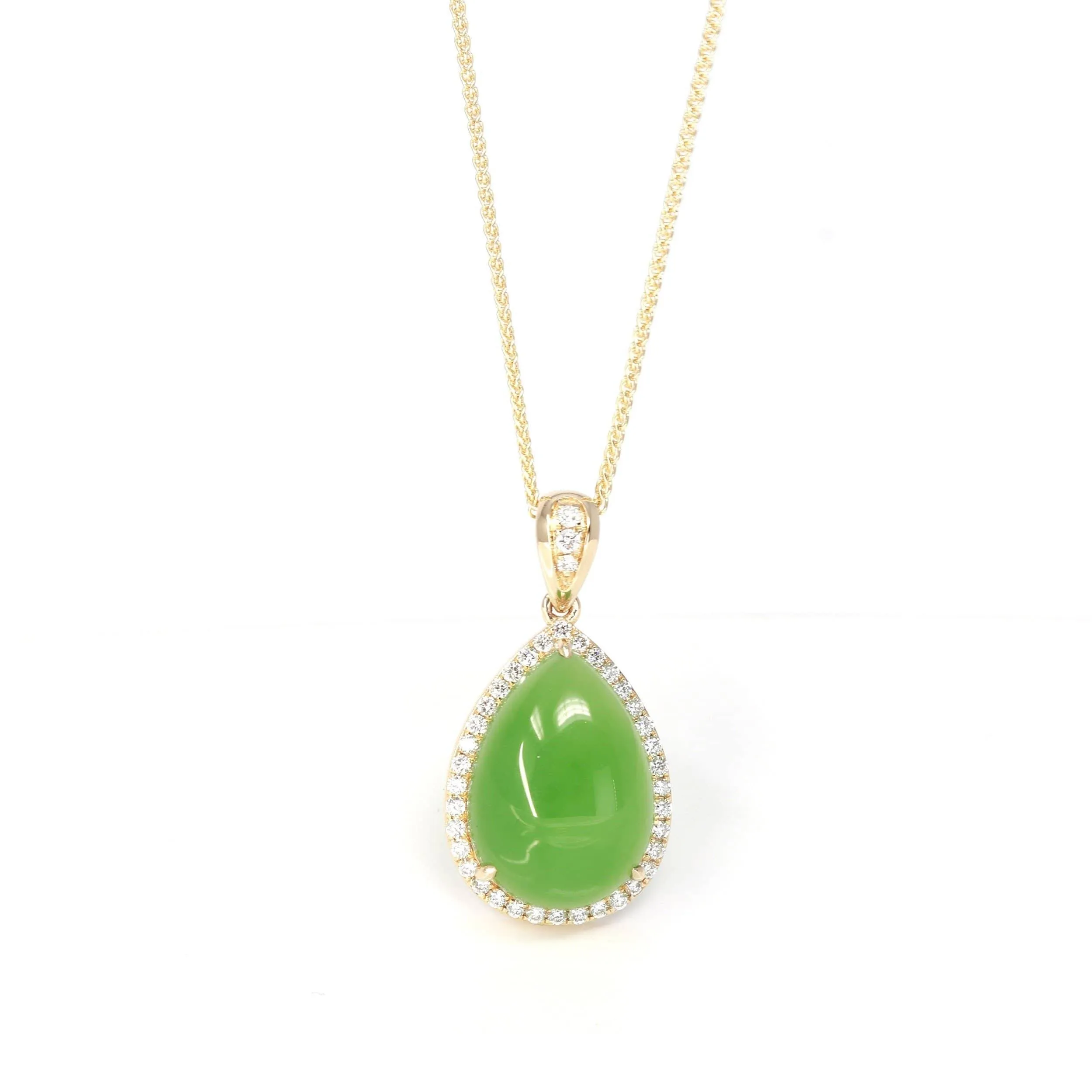 14K Gold "Classic Tear Drop" Green Apple Green Nephrite Jade VS1 Diamond Setting Pendant Necklace