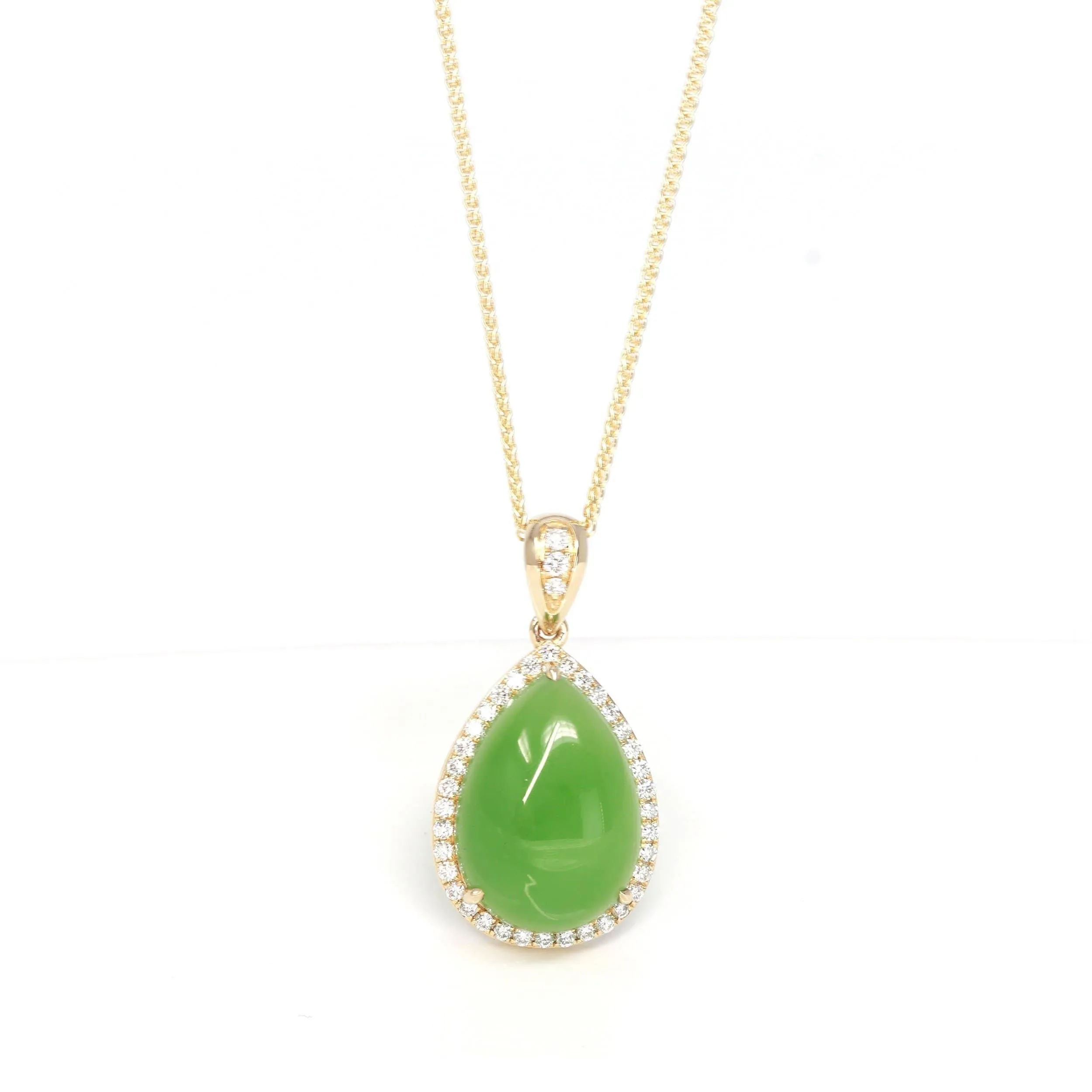 14K Gold "Classic Tear Drop" Green Apple Green Nephrite Jade VS1 Diamond Setting Pendant Necklace