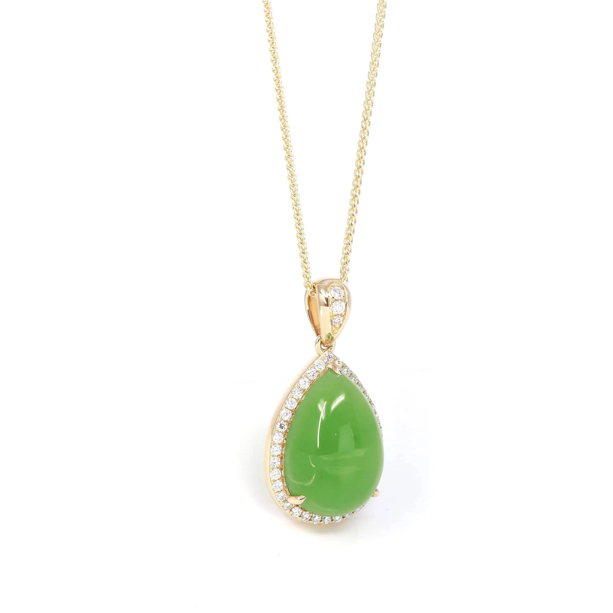 14K Gold "Classic Tear Drop" Green Apple Green Nephrite Jade VS1 Diamond Setting Pendant Necklace