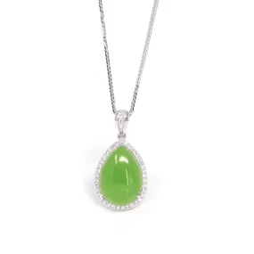 14K Gold "Classic Tear Drop" Green Apple Green Nephrite Jade VS1 Diamond Setting Pendant Necklace