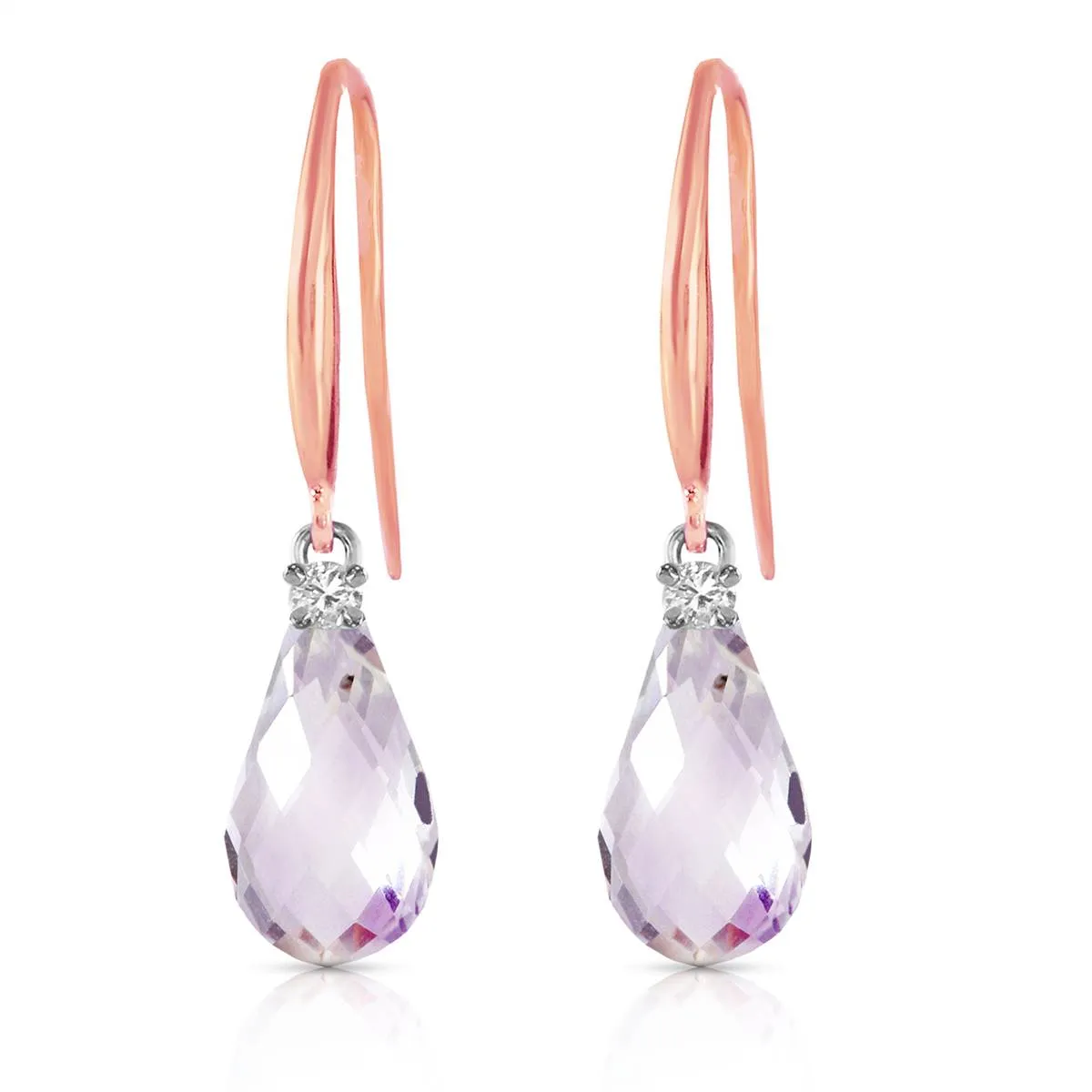 14K Solid Rose Gold Fish Hook Diamond & Pink Topaz Earrings