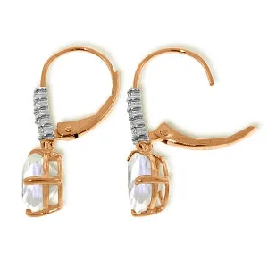 14K Solid Rose Gold Leverback Earrings Natural Diamond & Rose Topaz Certified
