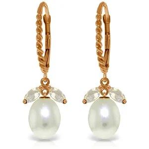 14K Solid Rose Gold Leverback Earrings w/ Rose Topaz & Pearl