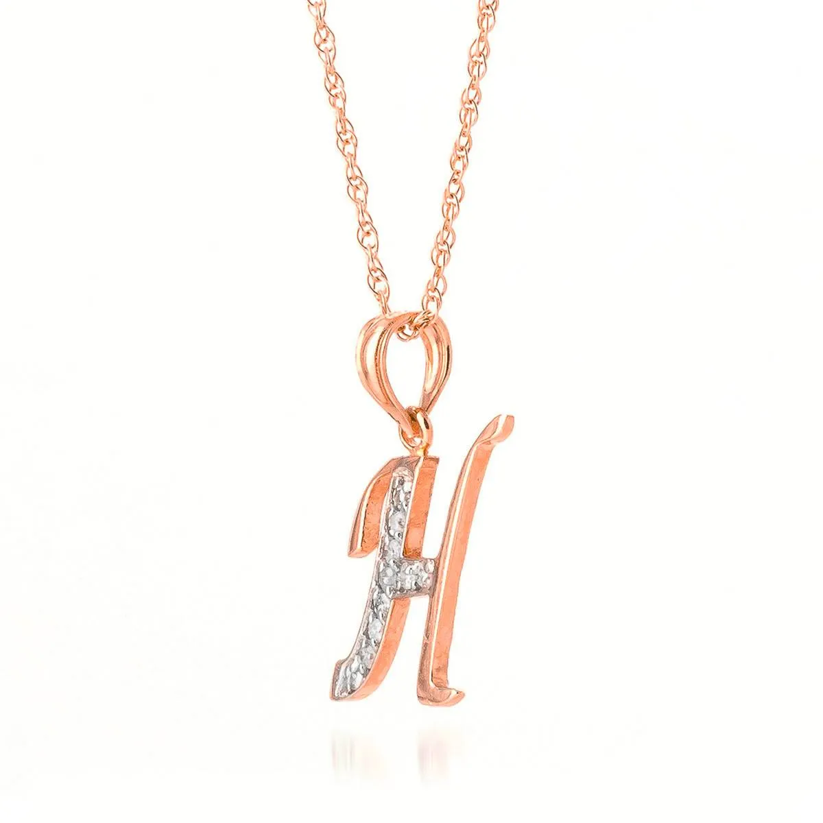 14K Solid Rose Gold Necklace w/ Natural Diamonds Initial 'h' Pendant