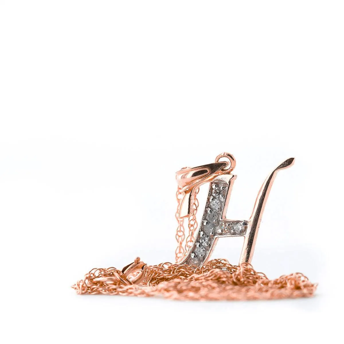 14K Solid Rose Gold Necklace w/ Natural Diamonds Initial 'h' Pendant