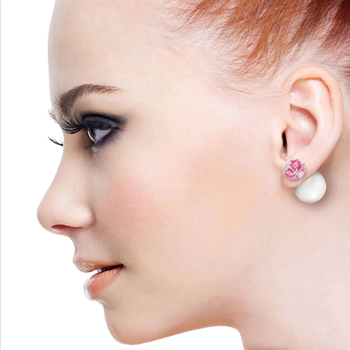 14K Solid White Gold Tribal Double Shell Pearls And Pink Topaz Stud Earrings
