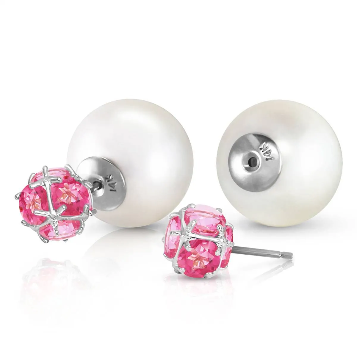 14K Solid White Gold Tribal Double Shell Pearls And Pink Topaz Stud Earrings