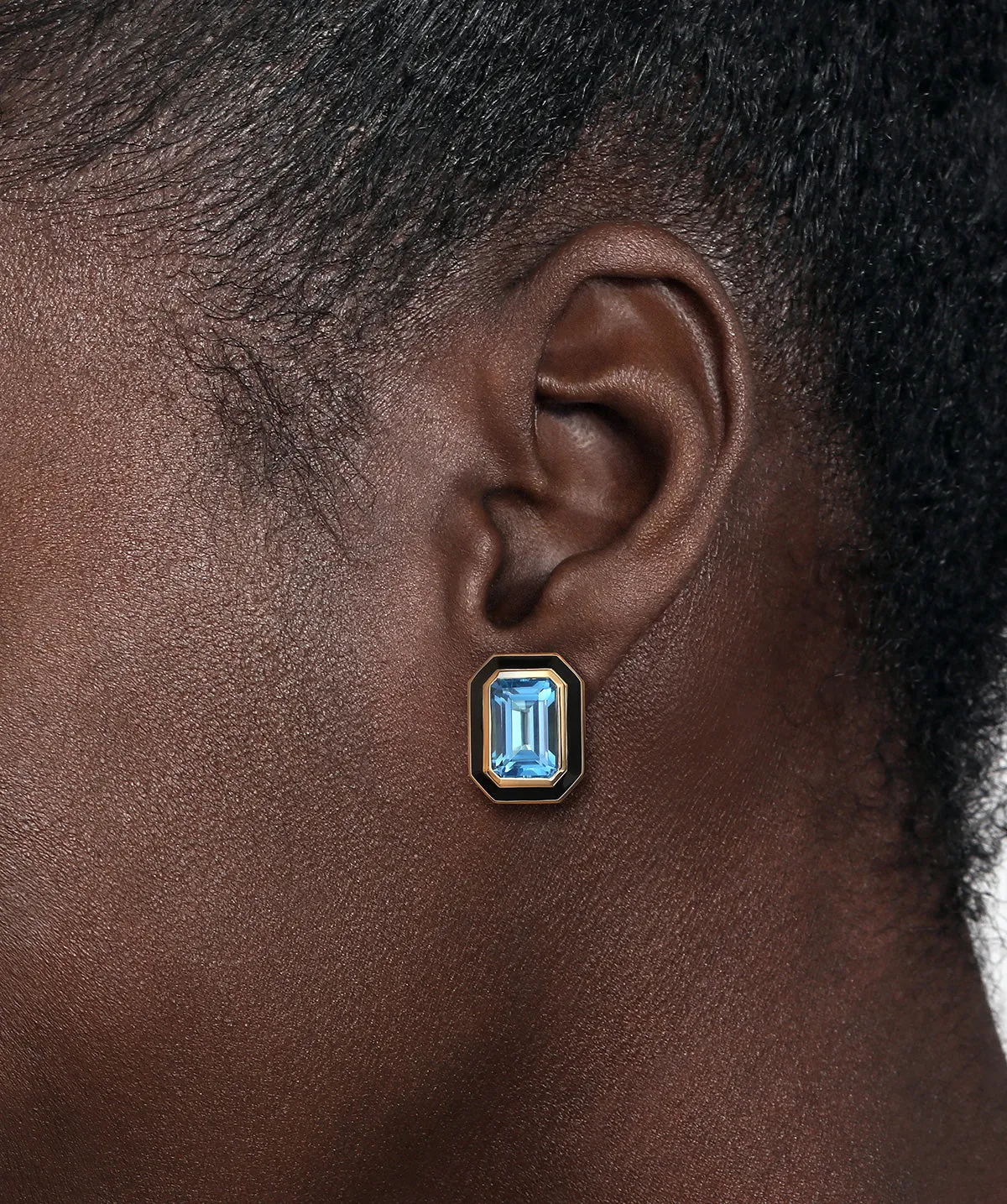 14K Yellow Gold Blue Topaz Emerald Cut Earring With Flower Pattern J-Back and Black Enamel