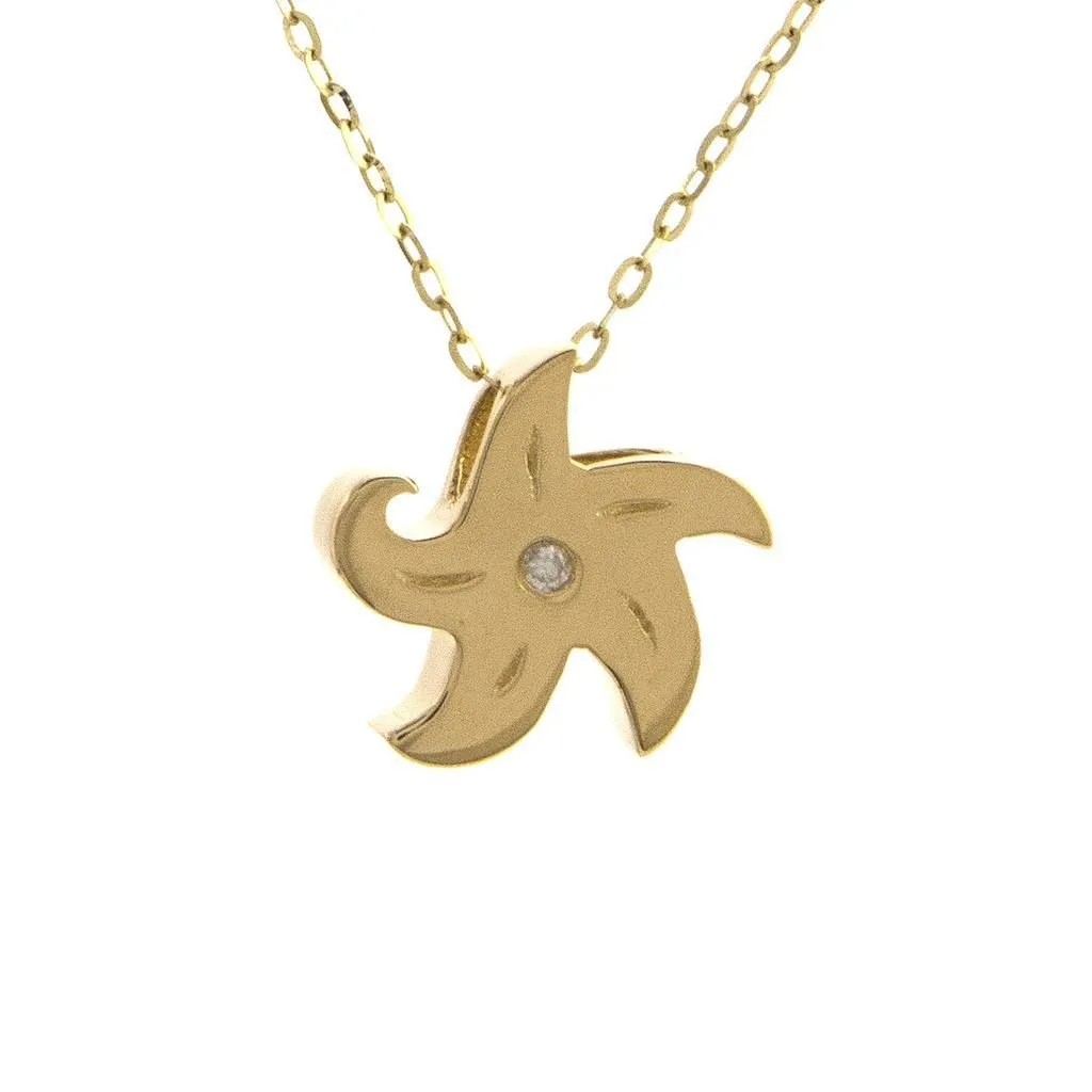 14K Yellow Gold Starfish Round Bezel Diamond Necklace