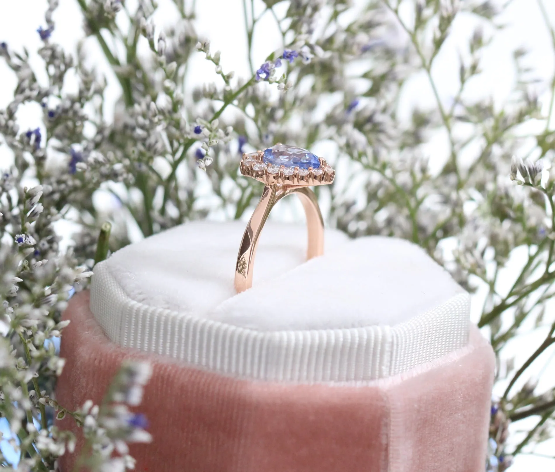1.56 Ct Pear Aqua Blue Sapphire Ring in 14k Rose Gold Tiara Halo Diamond, Size 6.25