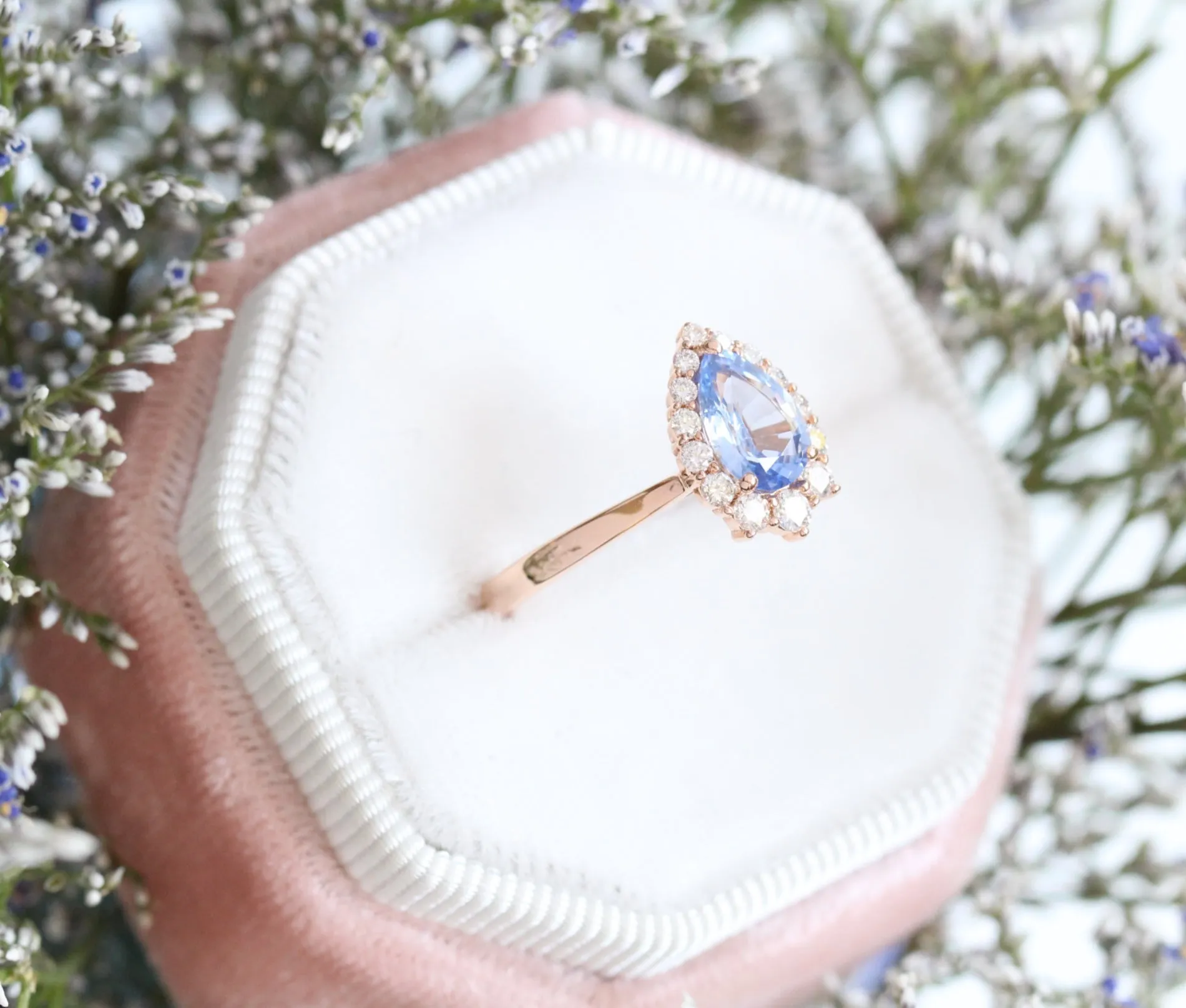 1.56 Ct Pear Aqua Blue Sapphire Ring in 14k Rose Gold Tiara Halo Diamond, Size 6.25