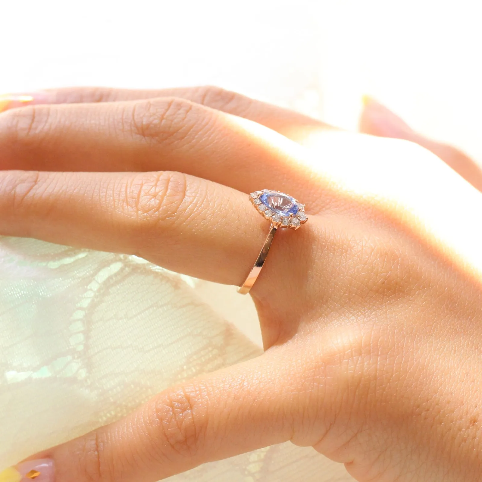 1.56 Ct Pear Aqua Blue Sapphire Ring in 14k Rose Gold Tiara Halo Diamond, Size 6.25