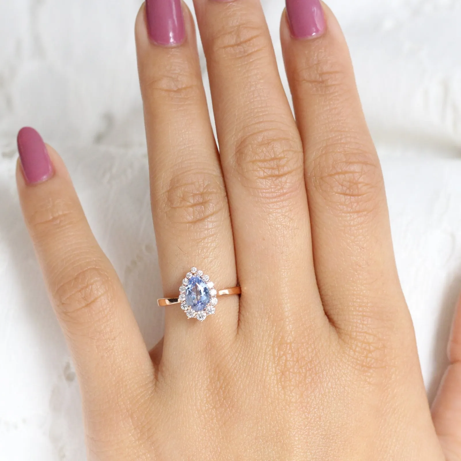 1.56 Ct Pear Aqua Blue Sapphire Ring in 14k Rose Gold Tiara Halo Diamond, Size 6.25