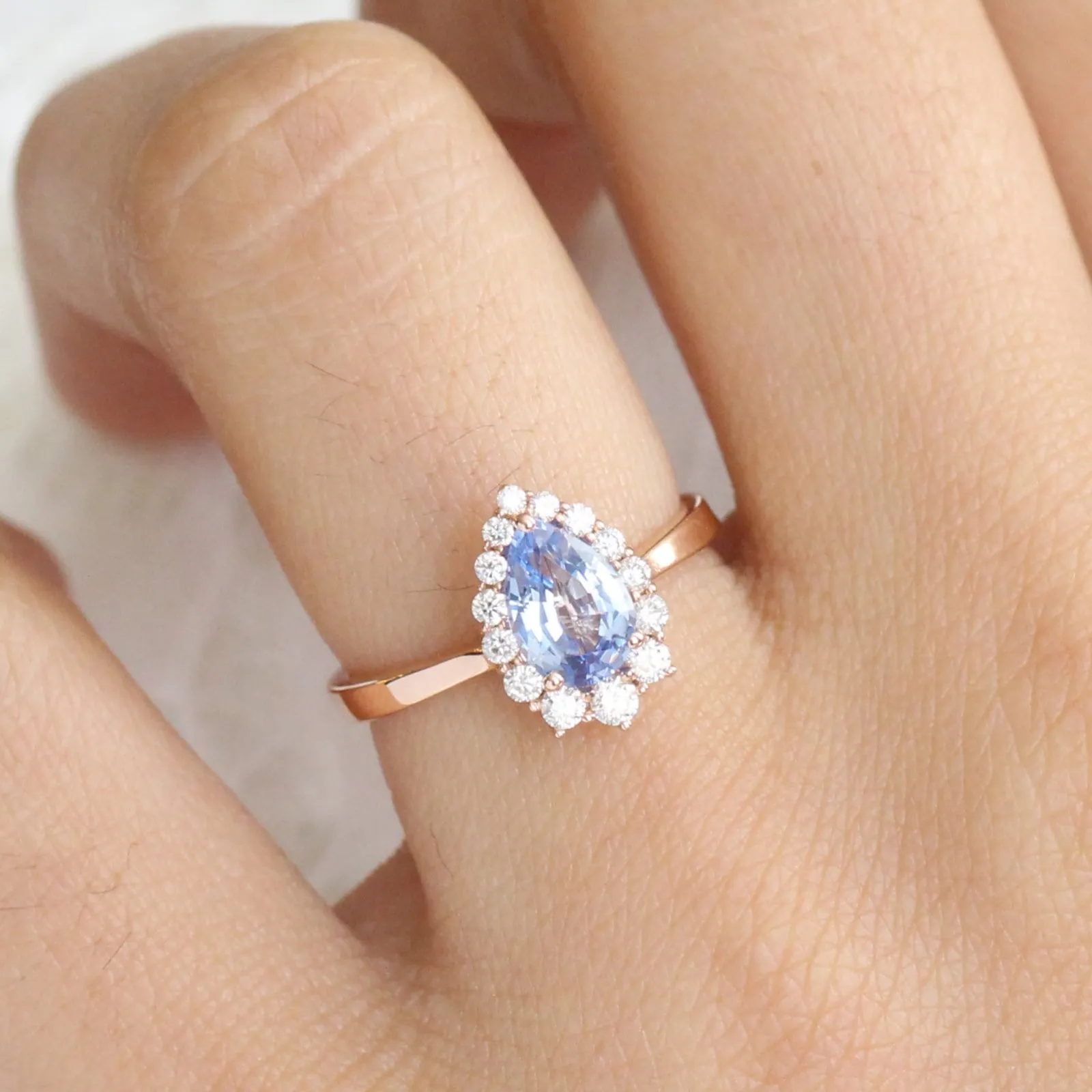 1.56 Ct Pear Aqua Blue Sapphire Ring in 14k Rose Gold Tiara Halo Diamond, Size 6.25