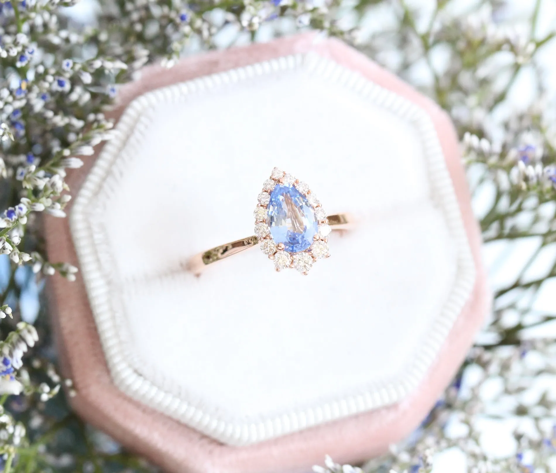 1.56 Ct Pear Aqua Blue Sapphire Ring in 14k Rose Gold Tiara Halo Diamond, Size 6.25