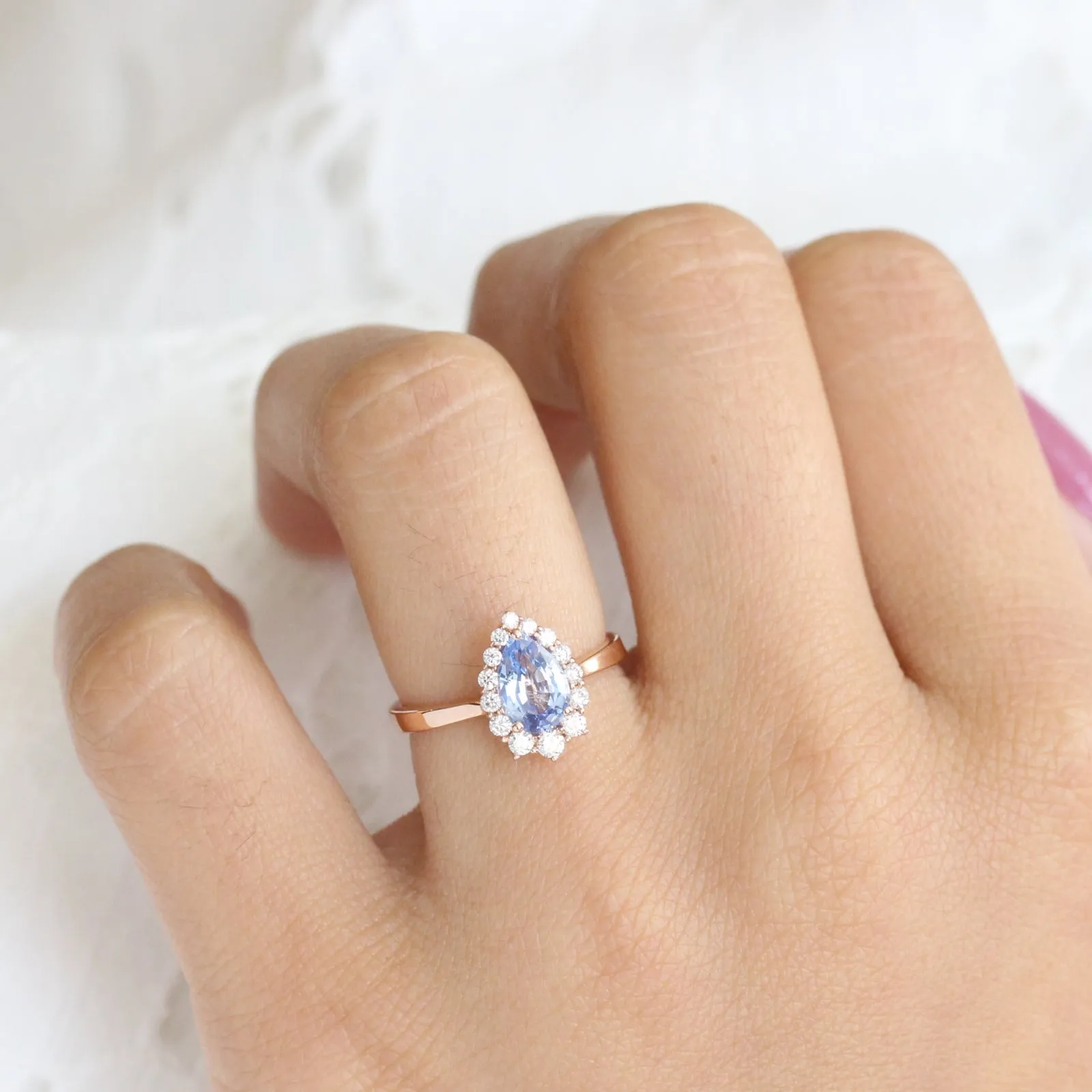 1.56 Ct Pear Aqua Blue Sapphire Ring in 14k Rose Gold Tiara Halo Diamond, Size 6.25