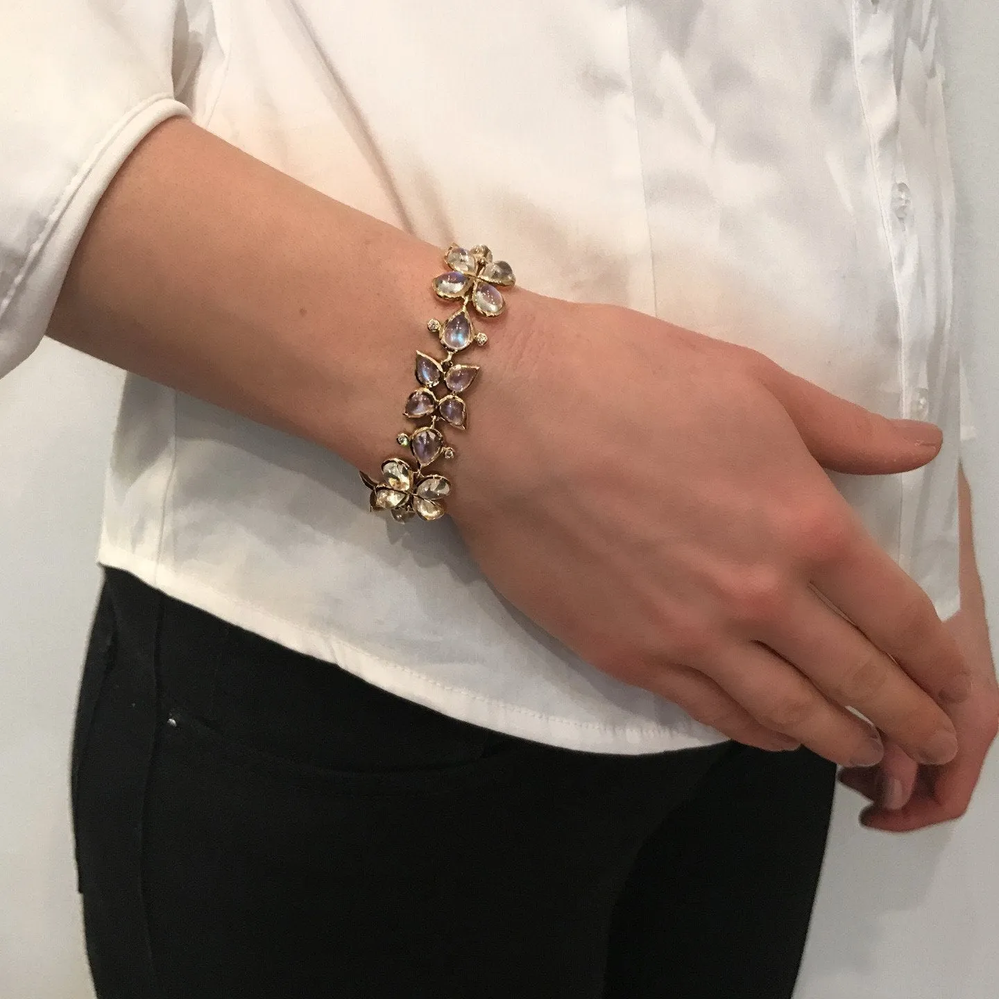 18K Flower Cluster Bracelet with royal blue moonstone and diamond