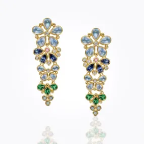 18K Flower Drop Earrings with royal blue moonstone, blue sapphire, tsavorite, pink tourmaline and diamond