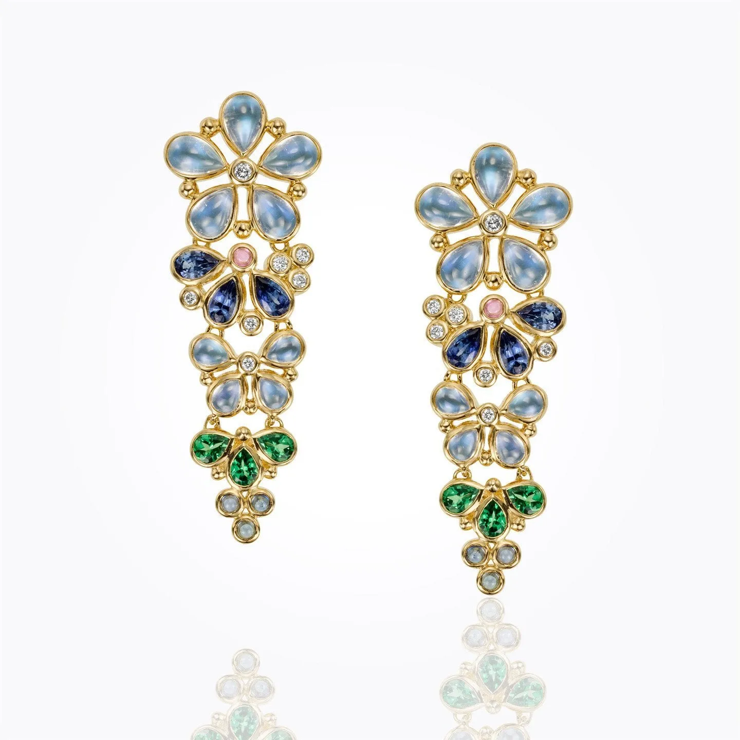 18K Flower Drop Earrings with royal blue moonstone, blue sapphire, tsavorite, pink tourmaline and diamond