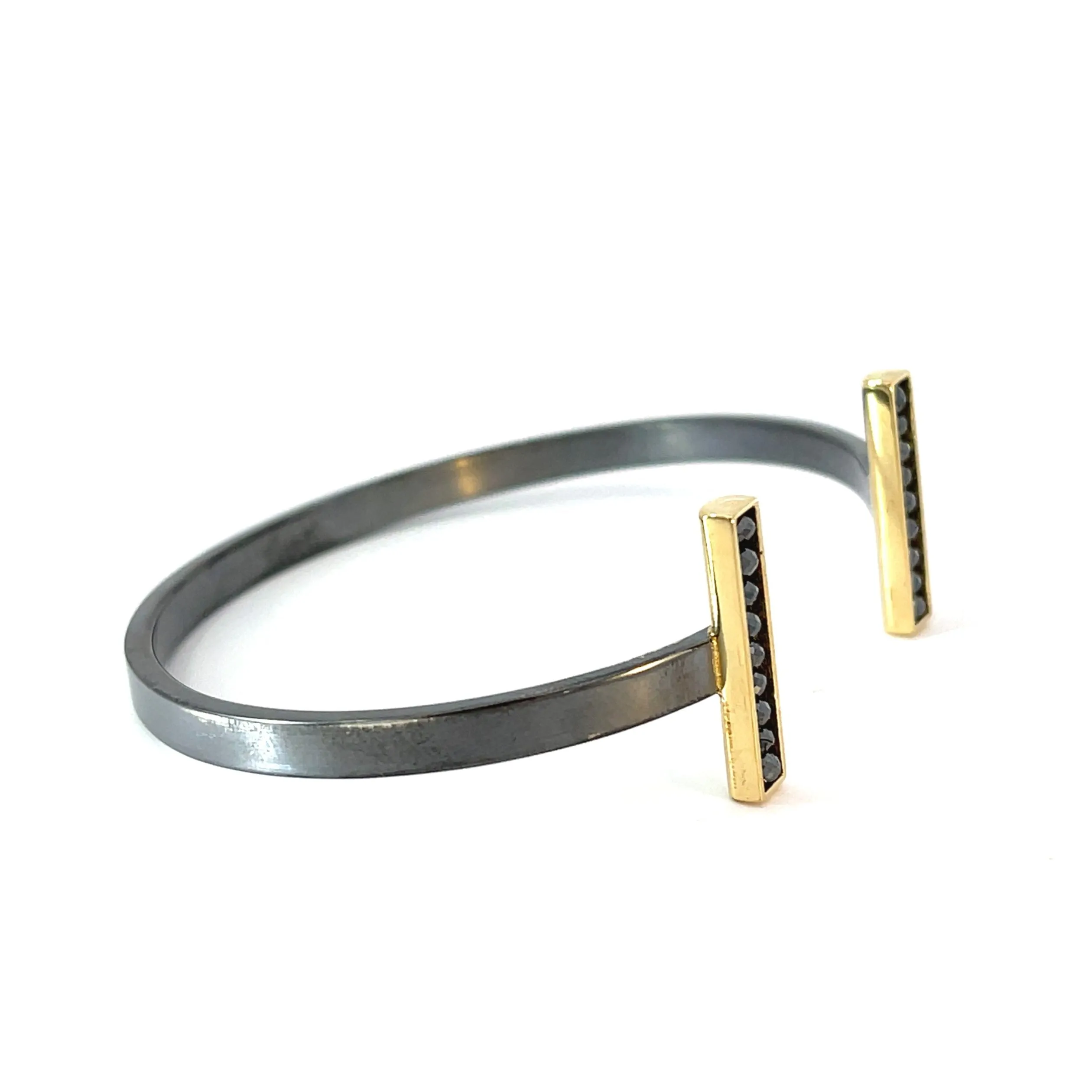 18k Yellow Gold and Oxidized Silver Cuff Bracelet with Black Diamond Beads