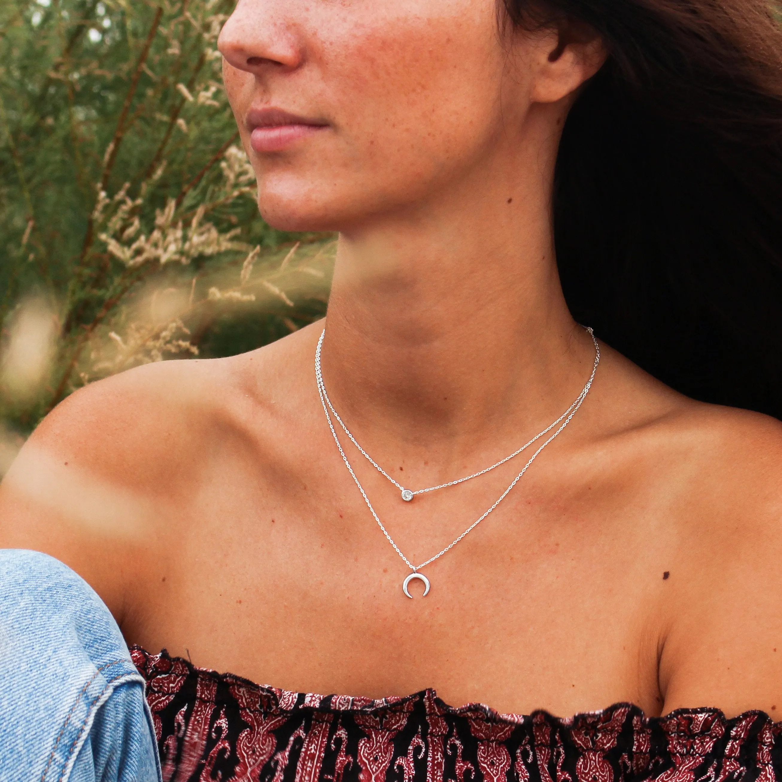 2 Pack Silver Diamond   Mini Moonset Necklace