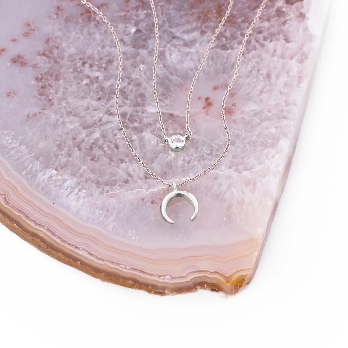 2 Pack Silver Diamond   Mini Moonset Necklace