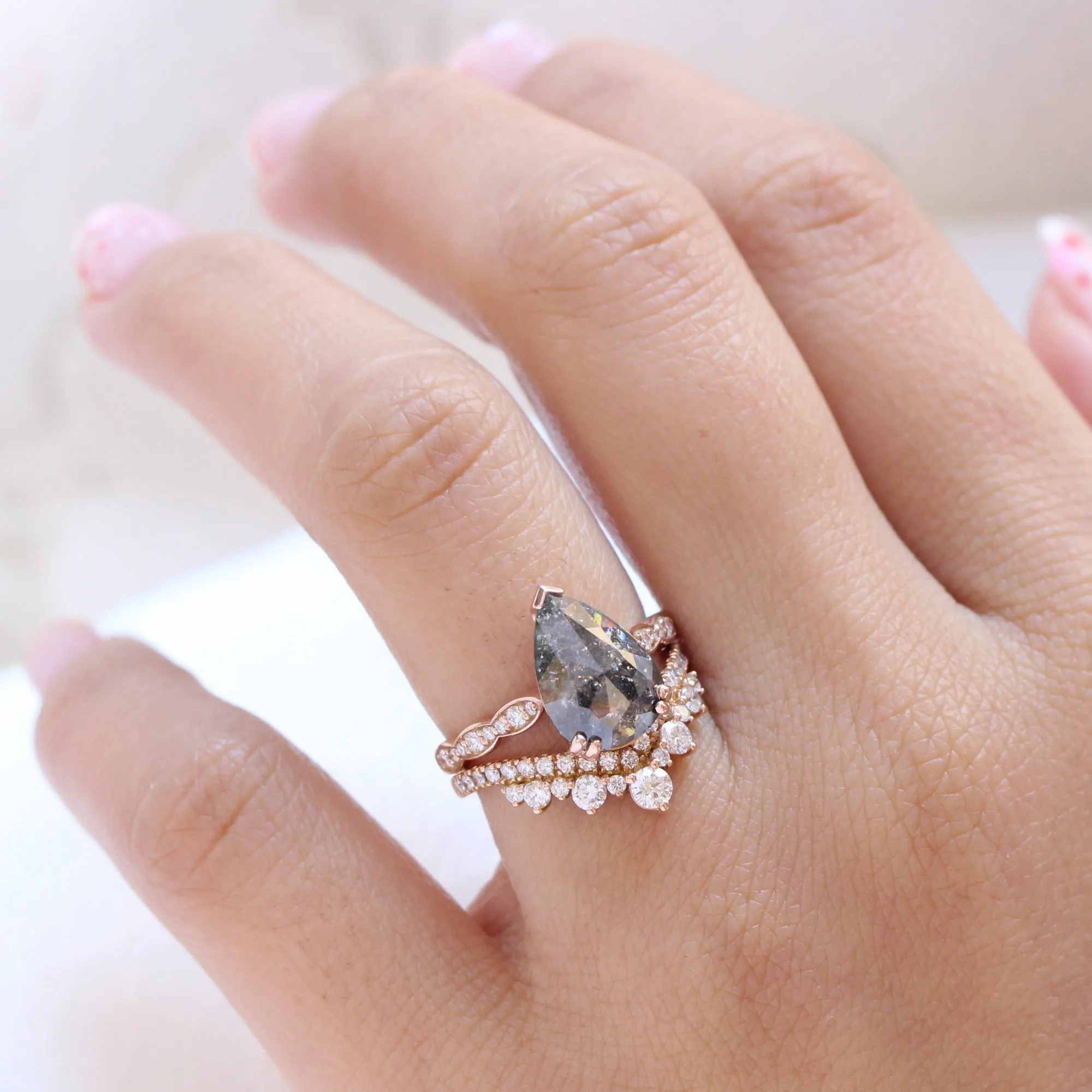 2.31 Ct Pear Salt and Pepper Diamond Ring in 14k Rose Gold Grace Solitaire, Size 6.5