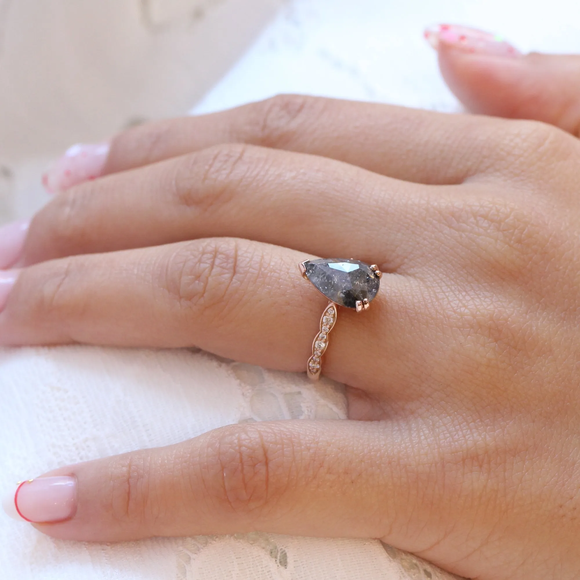 2.31 Ct Pear Salt and Pepper Diamond Ring in 14k Rose Gold Grace Solitaire, Size 6.5