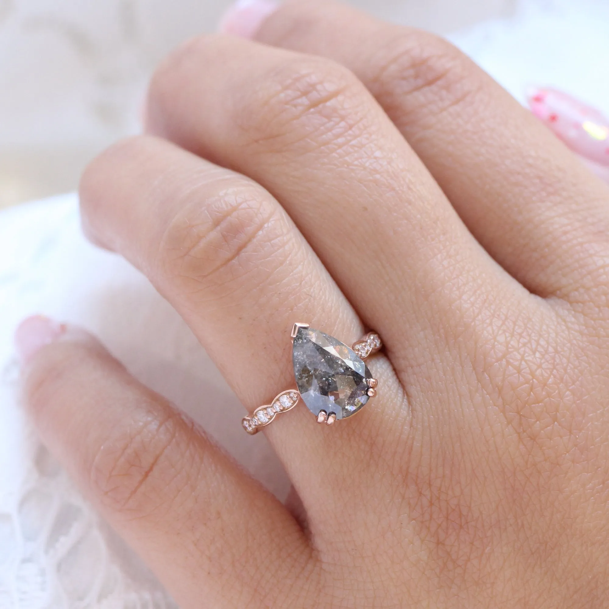 2.31 Ct Pear Salt and Pepper Diamond Ring in 14k Rose Gold Grace Solitaire, Size 6.5