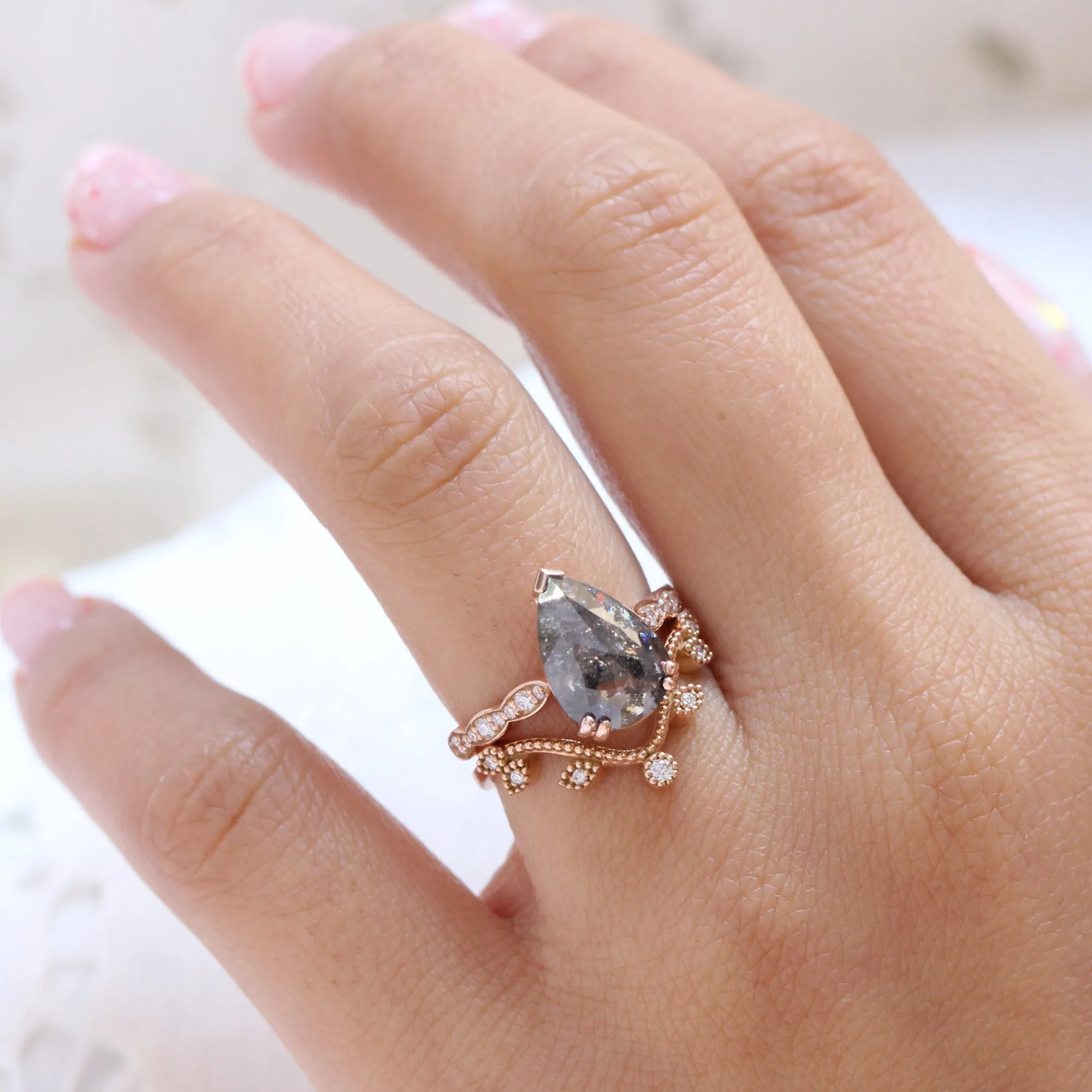 2.31 Ct Pear Salt and Pepper Diamond Ring in 14k Rose Gold Grace Solitaire, Size 6.5