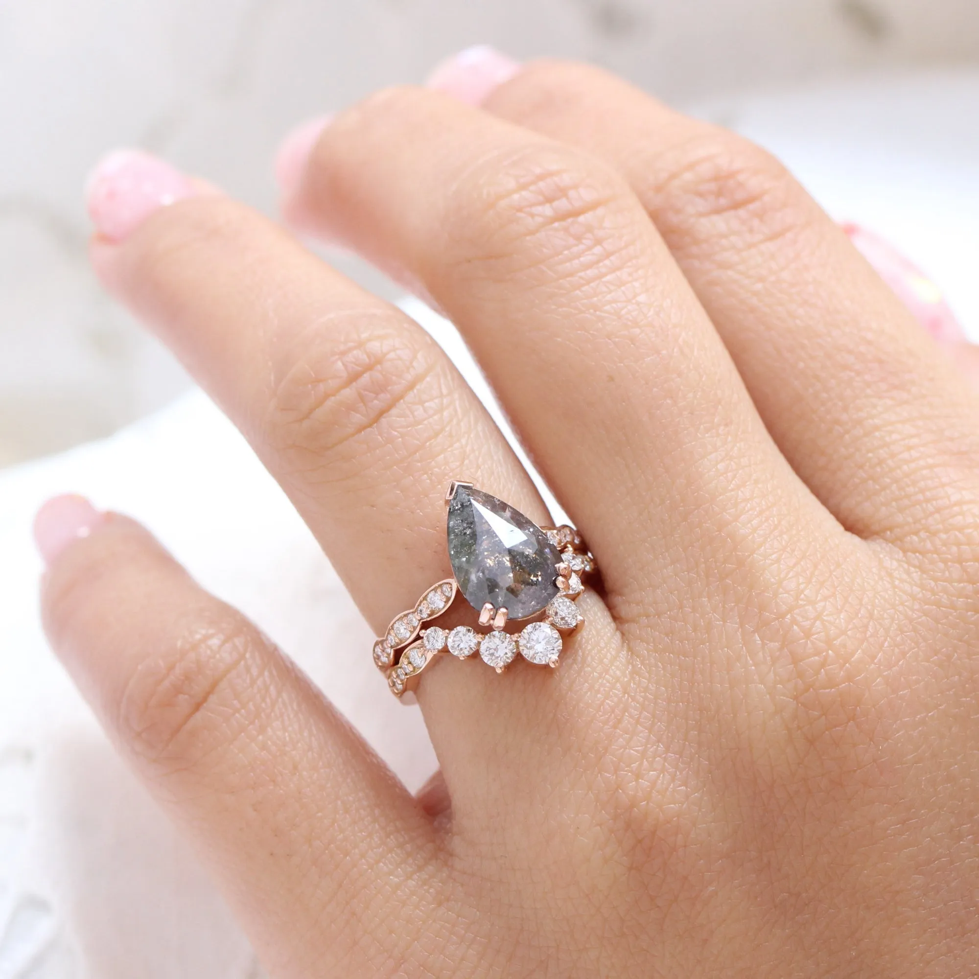 2.31 Ct Pear Salt and Pepper Diamond Ring in 14k Rose Gold Grace Solitaire, Size 6.5