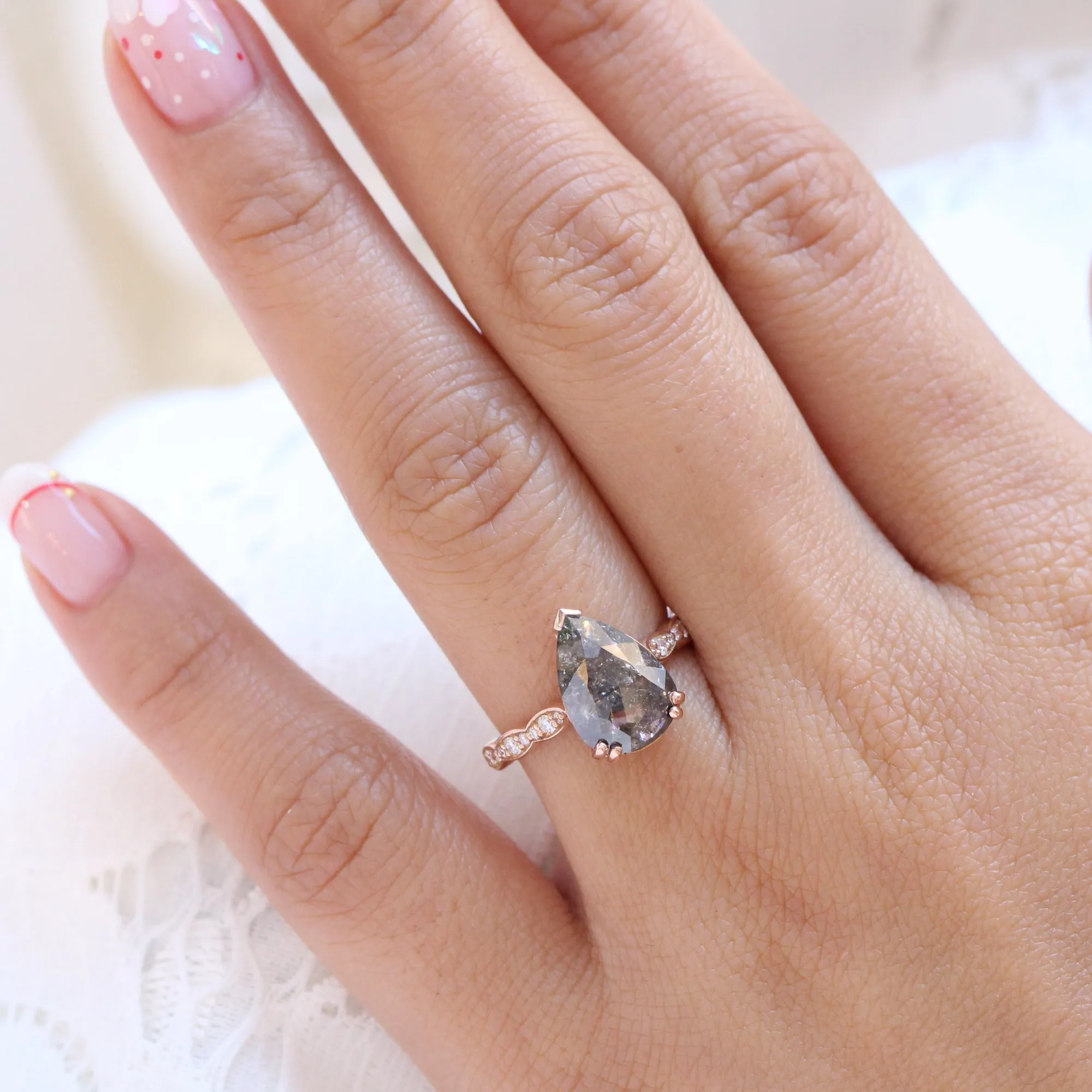 2.31 Ct Pear Salt and Pepper Diamond Ring in 14k Rose Gold Grace Solitaire, Size 6.5
