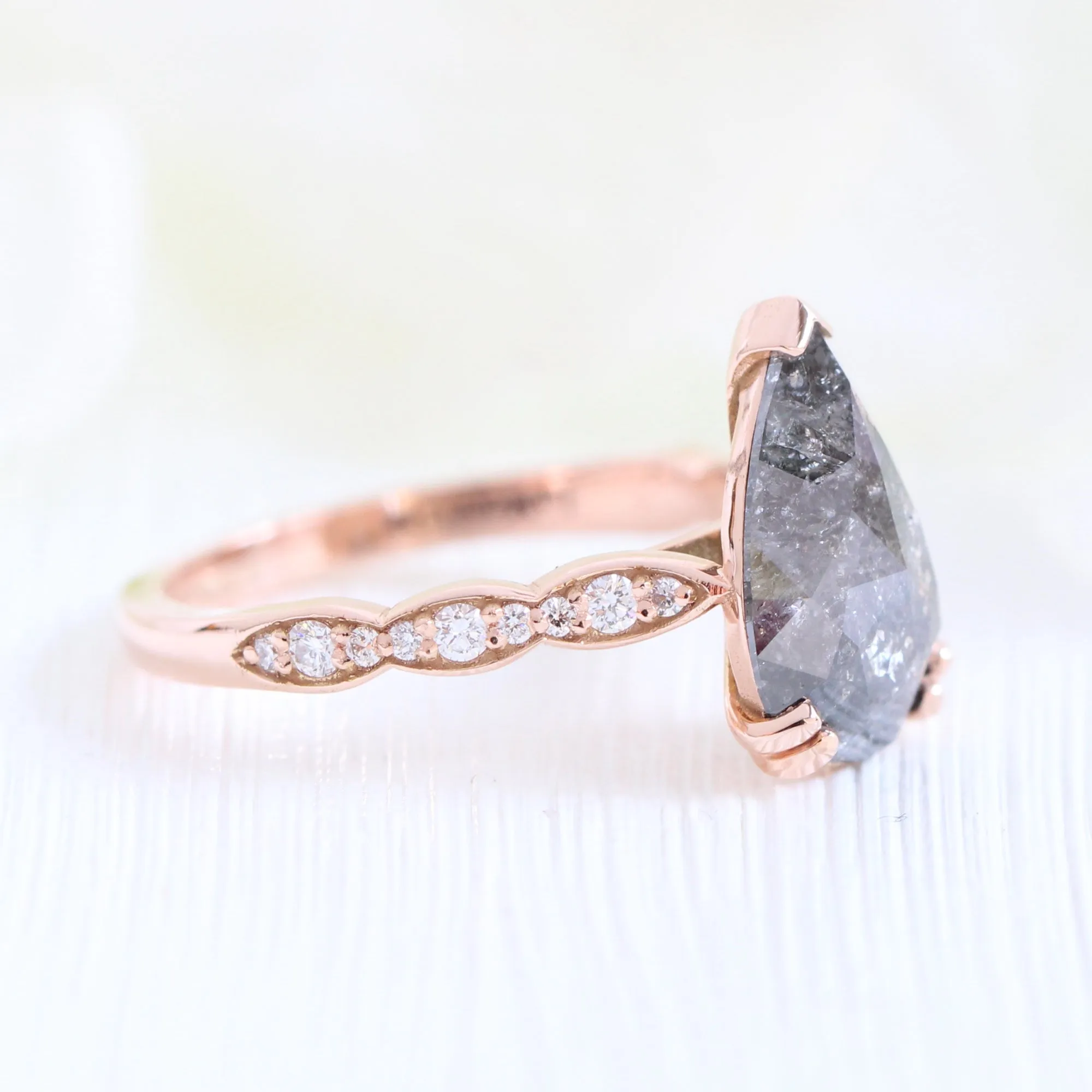 2.31 Ct Pear Salt and Pepper Diamond Ring in 14k Rose Gold Grace Solitaire, Size 6.5