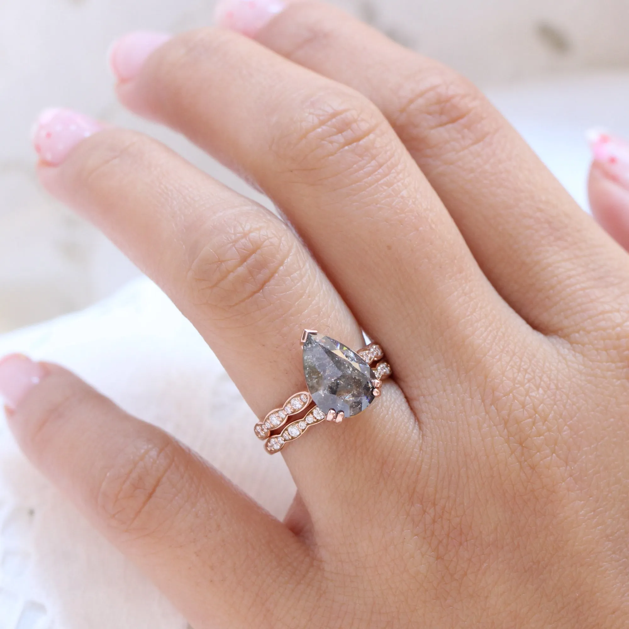2.31 Ct Pear Salt and Pepper Diamond Ring in 14k Rose Gold Grace Solitaire, Size 6.5