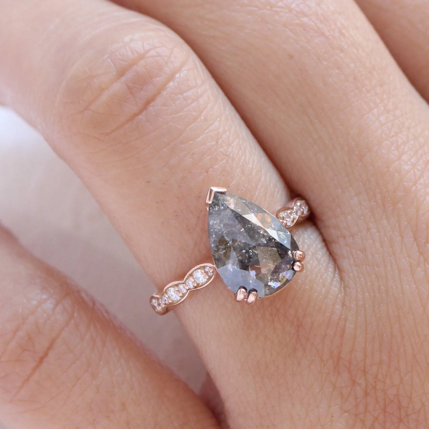 2.31 Ct Pear Salt and Pepper Diamond Ring in 14k Rose Gold Grace Solitaire, Size 6.5