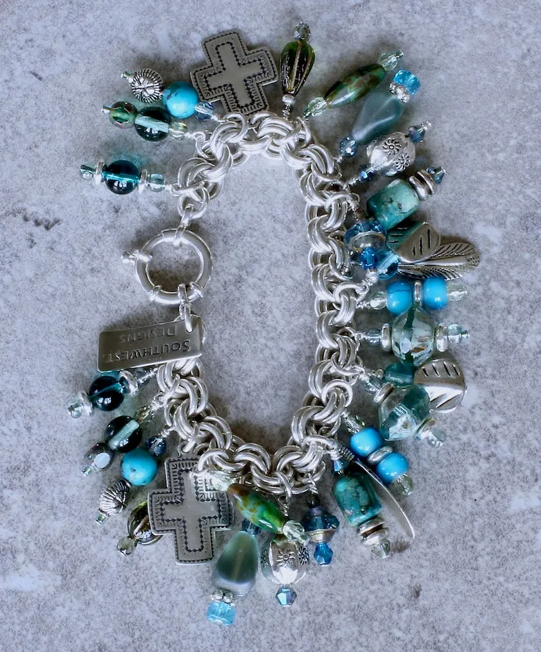 28-Charm Turquoise, Czech Glass and Sterling Silver Bracelet with a Sterling Silver Two-By-Two Link Chain and Sterling Spring Ring Clasp