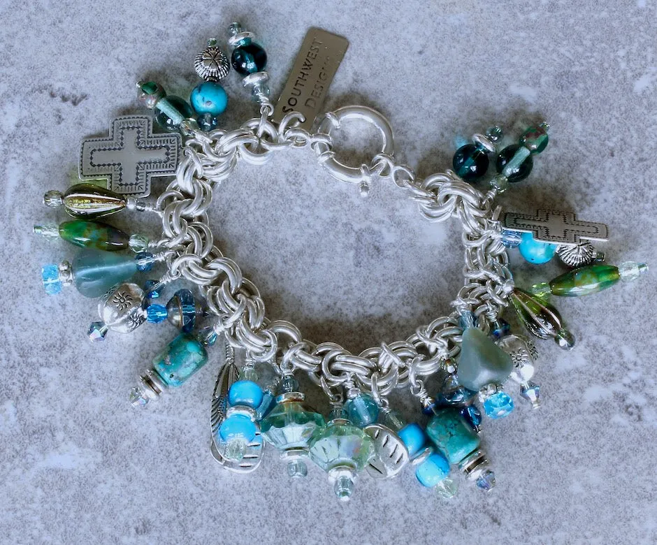 28-Charm Turquoise, Czech Glass and Sterling Silver Bracelet with a Sterling Silver Two-By-Two Link Chain and Sterling Spring Ring Clasp