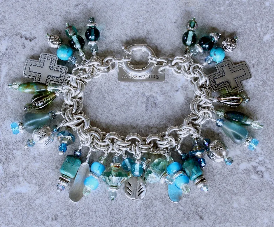 28-Charm Turquoise, Czech Glass and Sterling Silver Bracelet with a Sterling Silver Two-By-Two Link Chain and Sterling Spring Ring Clasp