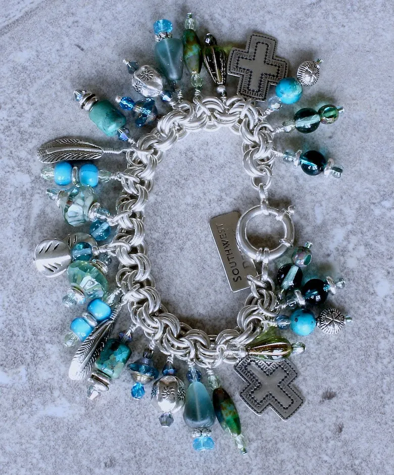 28-Charm Turquoise, Czech Glass and Sterling Silver Bracelet with a Sterling Silver Two-By-Two Link Chain and Sterling Spring Ring Clasp