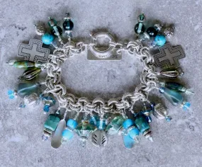 28-Charm Turquoise, Czech Glass and Sterling Silver Bracelet with a Sterling Silver Two-By-Two Link Chain and Sterling Spring Ring Clasp