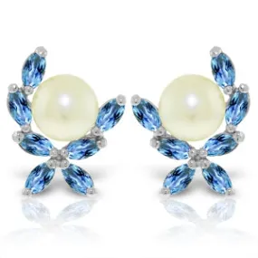 3.25 Carat 14K Solid White Gold Stud Earrings Blue Topaz Pearl