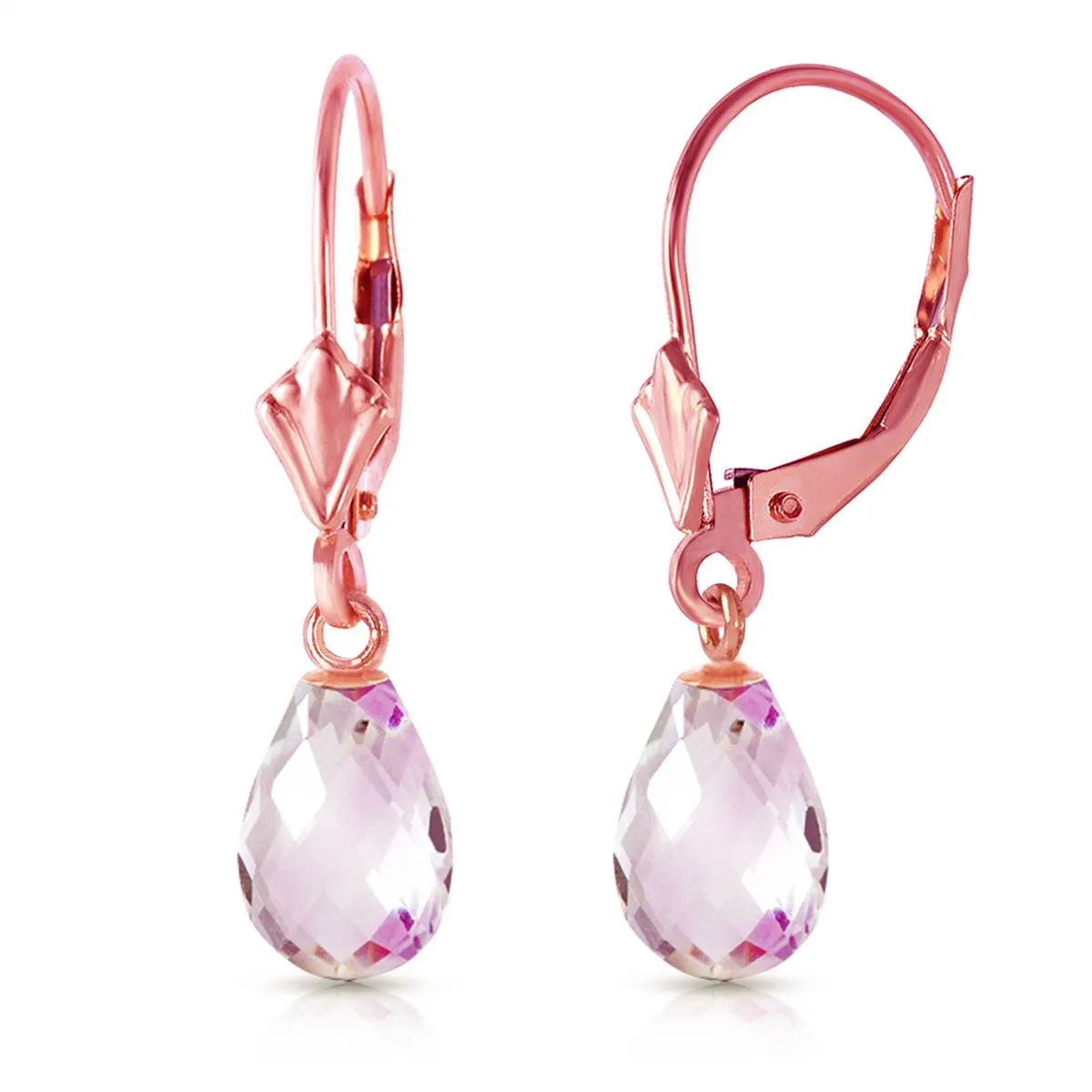 4.5 Carat 14K Solid Rose Gold Leverback Earrings Briolette Pink Topaz