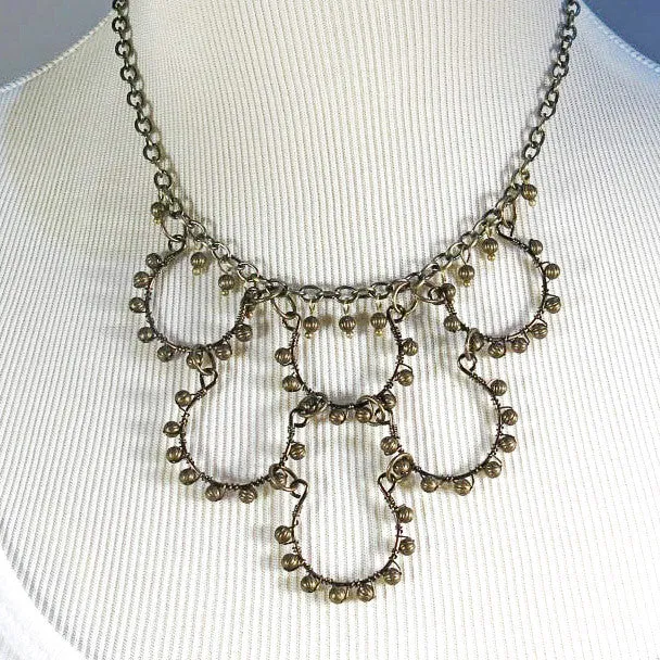 6-Loop, Hand-Shaped, Bead-Wrapped Wire Loop Necklace with Matching Metal Beads