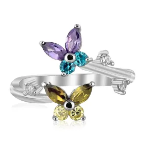925 Silver Rhodium Plated Floral Toe Ring Multi-Tone Cubic Zirconia